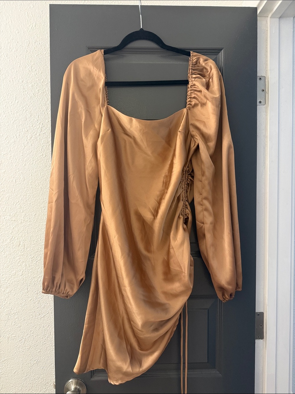 emory park Copper Satin Long-Sleeve Ruched Dress